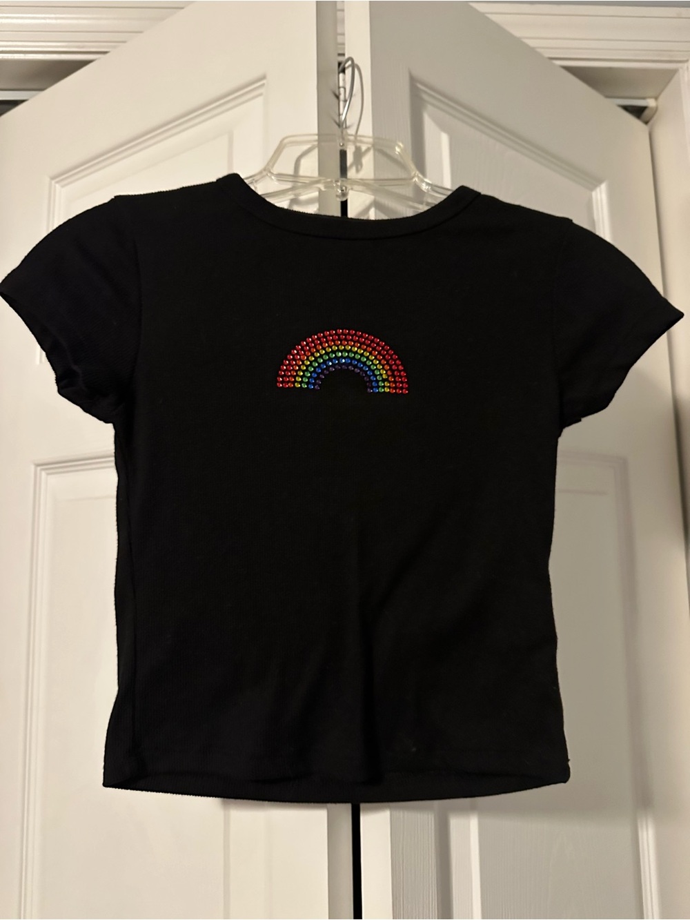 Women’s Black Rainbow Rhinestone Baby Tee size small Pride 🌈